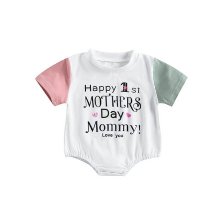 

luethbiezx 0-18M Infant Baby Girls Summer Bodysuit Mother s Day Short Sleeve O Neck Letter Print Contrast Playsuit