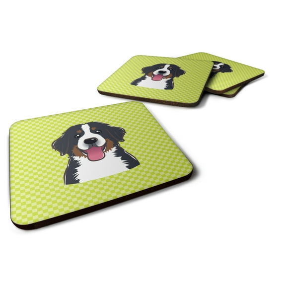 Carolines Treasures BB1299FC Checkerboard Lime Green Bernese Mountain Dog Foam Coaster Set of 4 3 1/2 x 3 1/2 multicolor