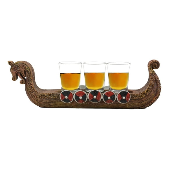 Ebros Scandinavian Viking Fjord Norseman Dragon Longship 3 Shotglass Shooter Holder Statue 11.25" Long War Vessel Battle Ship Dragonboat Prototype Sculpture Figurine Barware Decor