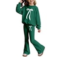 thumbnail image 4 of Girls' Spring 2 Piece Outfit Set Girls Summer Clothes Size 8 Bow Print Long Sleeve Top and Flared Pants Set Girls Clothes(Size 9-10 Years,Dark Green), 4 of 4