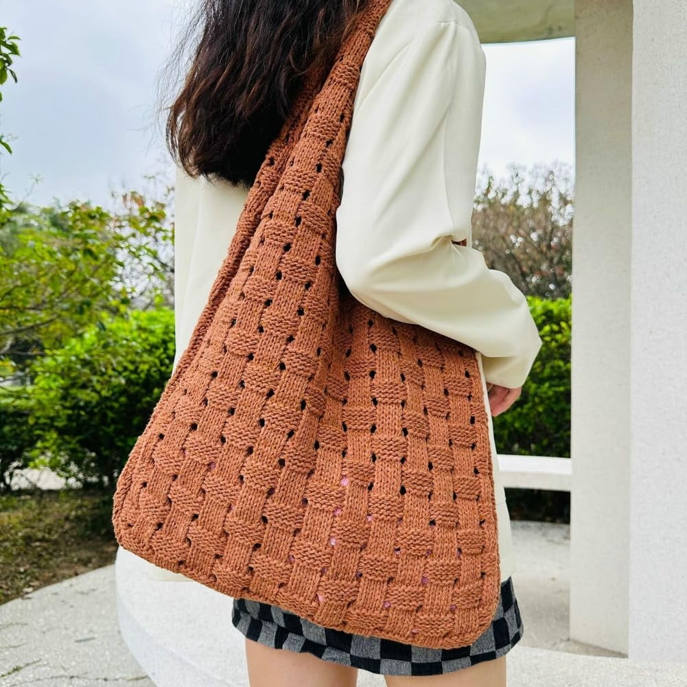 Kukuzhu Crochet Beach Tote Bag for Women Knit Shoulder Bag Aesthetic Knit Bag Woven Hobo Bag Hollow Summer Bag