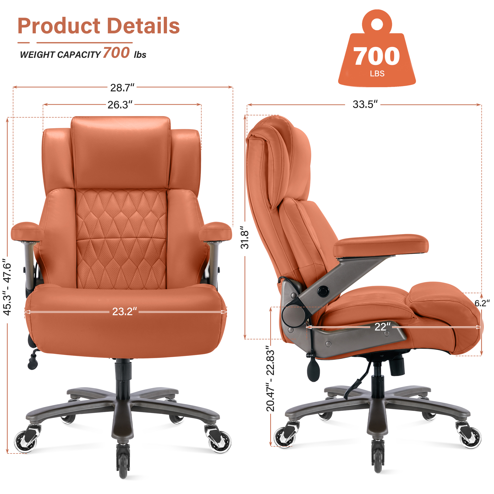 Big and Tall 700lbs Office Chair, High Back Executive Office Chair with 3D Flip up Arms, Adjustable Lumbar Support, Heavy Duty Metal Base, Home Office Computer Desk Chair, Gold Brown