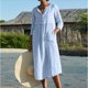 thumbnail image 5 of Vestido casual de mujer Color sólido Lino Algodón Cuello redondo Botón abajo Traje de vacaciones FLhrweasw Nuevo, 5 of 8