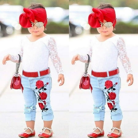 Toddler Kids Baby Girls 3D Flower Lace Tops Denim Pants Jeans Outfit Set Clothes