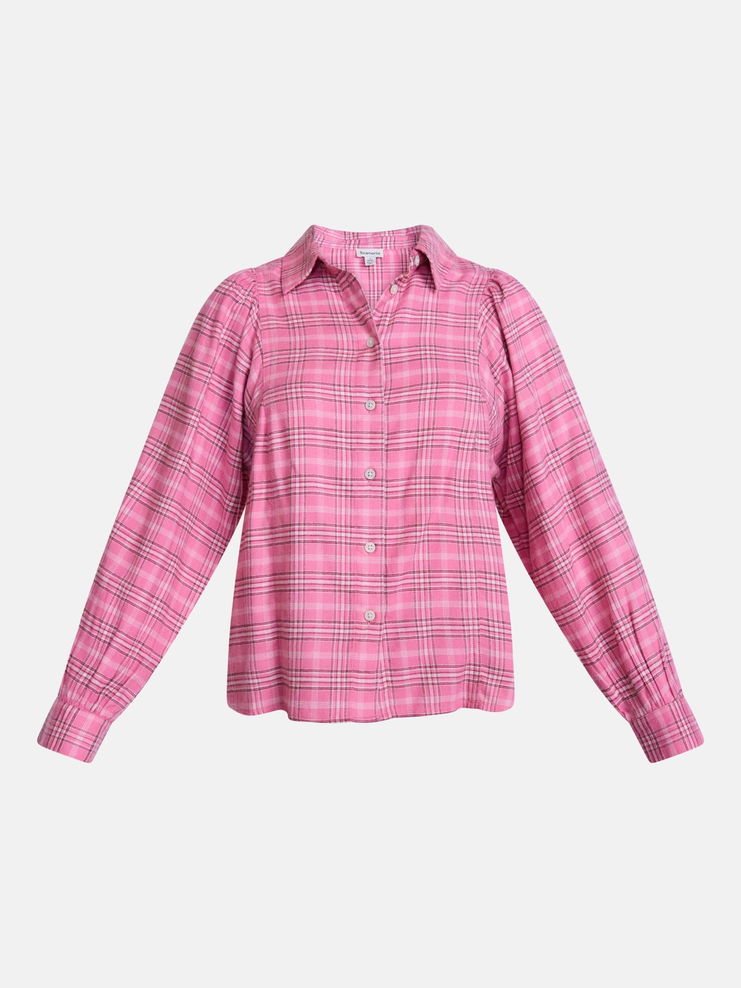Scenario Women's Plaid Shirt with Long Puff Sleeves, Sizes XS-XXXL