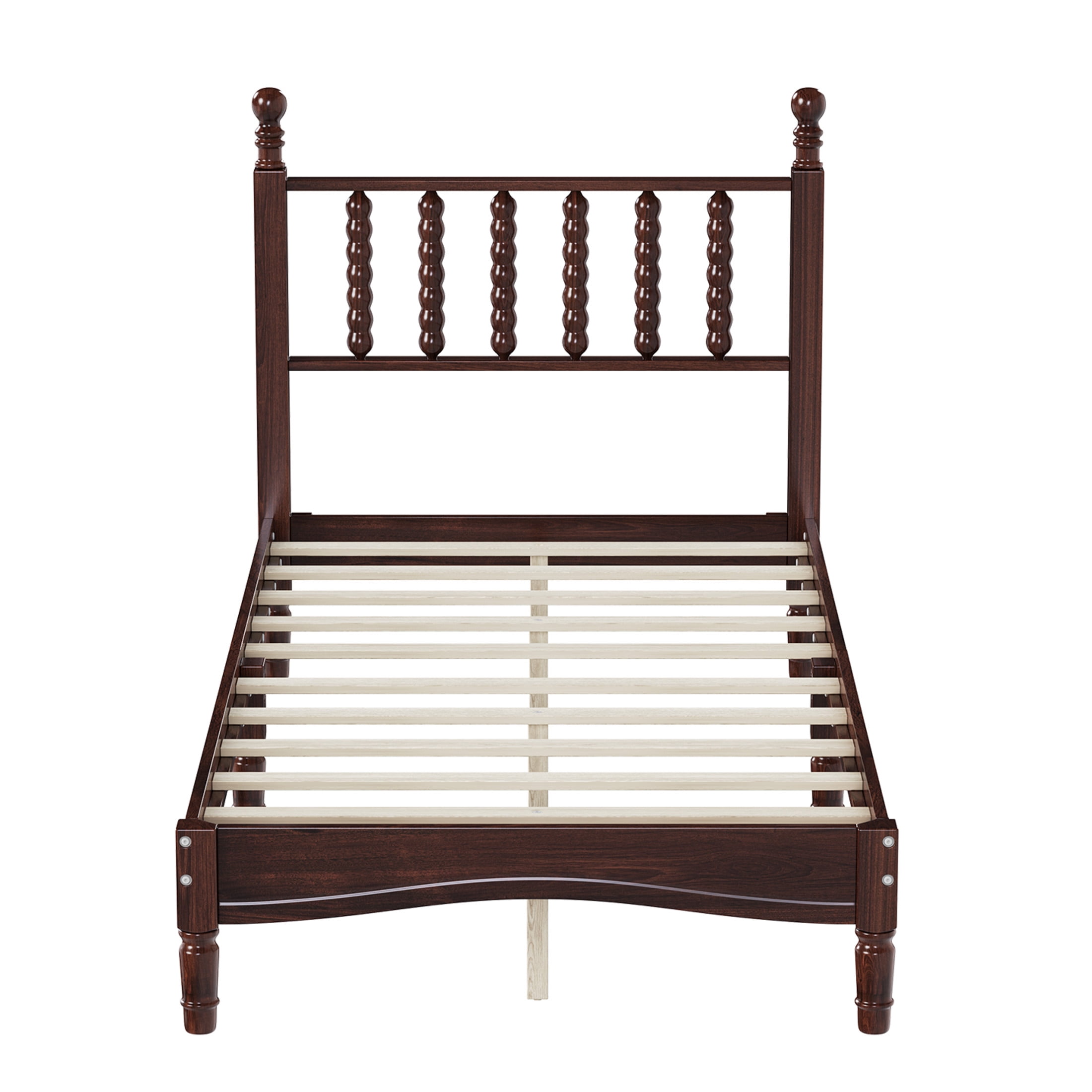Noble House Twin Size Platform Bed with Gourd Shaped Headboard, Wooden Slat Support, Walnut