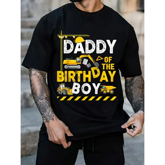 Construction-Themed 'Daddy of the Birthday Boy' T-Shirt | 100% Cotton | Unisex Black Crew Neck | Short Sleeve | Casual & Party Wear | Machine Washable | Multi-Size S-XXXL | Ideal for All Seasons
