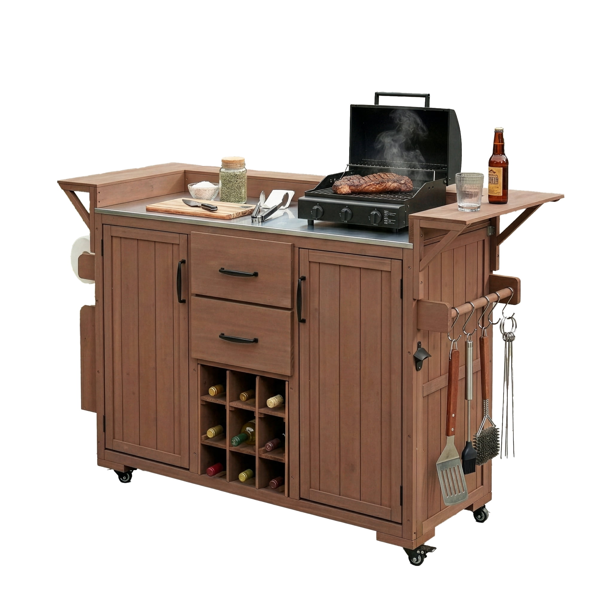 Modern 60.2" Outdoor Kitchen Island with Wheels, Rolling Kitchen Island with Stainless Steel Top & Wine Rack, Patio BBQ Kitchen Cart with Spice Rack & 2 Drawers, Brown