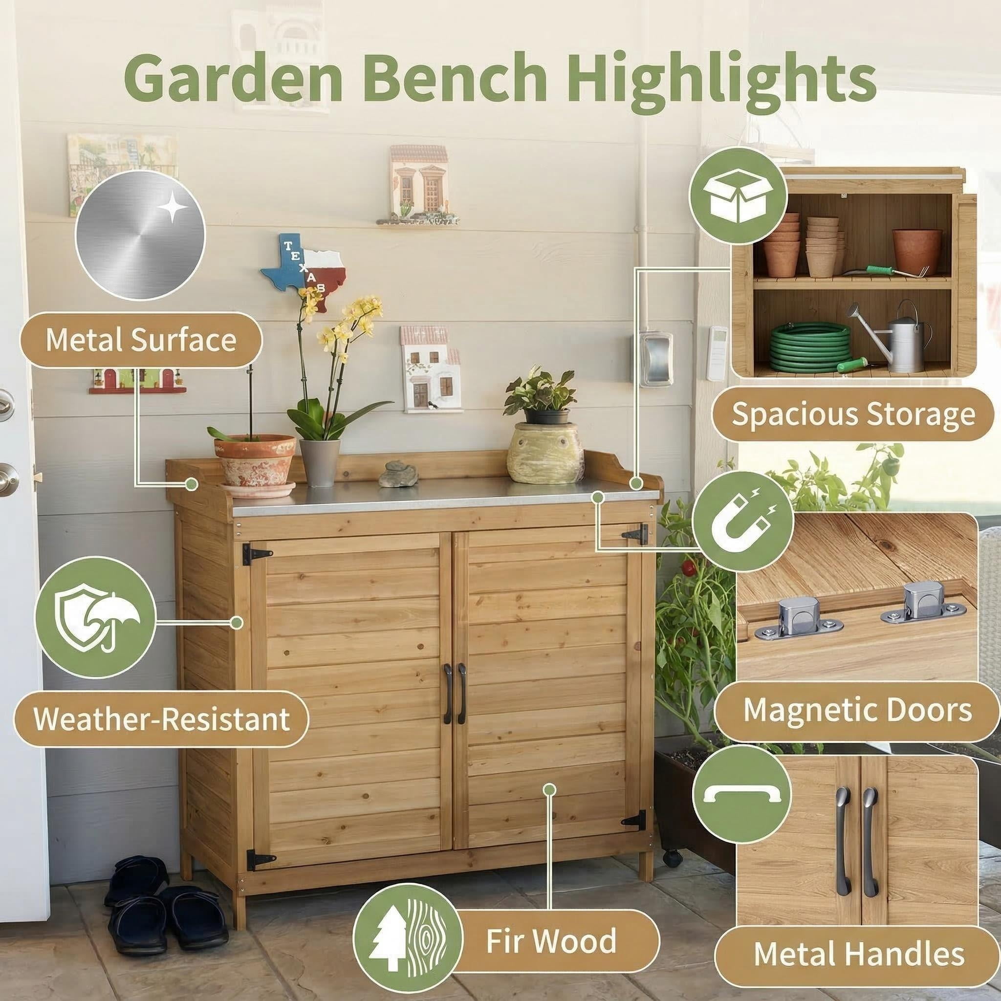 Lofka Outdoor Wooden Storage Cabinet with Potting Bench, Natural Wood Color, Weatherproof Garden Work Station, Patio Tool Shed for Backyard
