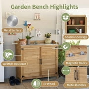 Lofka Outdoor Wooden Storage Cabinet with Potting Bench, Natural Wood Color, Weatherproof Garden Work Station, Patio Tool Shed for Backyard