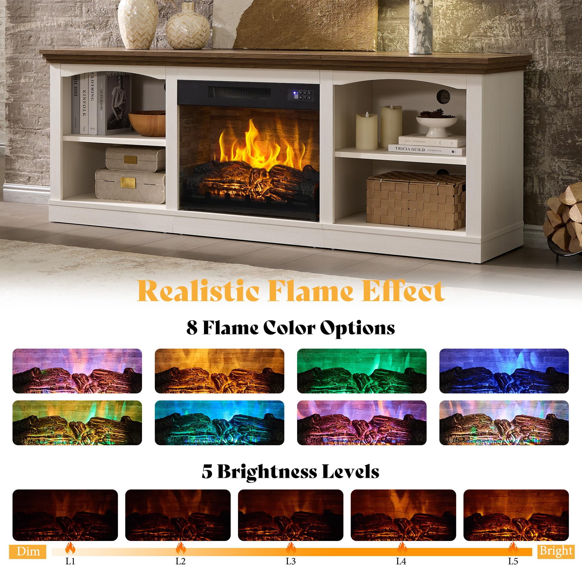 Merluxy 70" Fireplace TV Stand for TVs up to 80", Farmhouse Entertainment Center with 23" Electric Fireplace, Distressed White