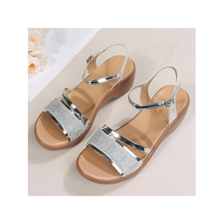 

Ritualay Women Summer Sandal Ankle Strap Platform Sandals Peep Toe Casual Shoes Non-Slip Comfort Heeled Shoe Outdoor Daily Beach Silver 6.5