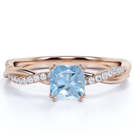 JeenMata 1.75 Carat Cushion Cut Aquamarine and Moissanite Twist Band Engagement Ring in 18K Rose Gold over Silver