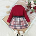 thumbnail image 5 of GYRATEDREAM Toddler Baby Girls Skirt 3Pcs Set Little Kids Lapel Long Sleeve Pit Strip Ribbed T Shirt Top Plaid Pleated Mini Skirt with Belt Outfits Fall Winter Clothes for 12 Months-5 Years Red White, 5 of 8