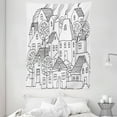 thumbnail image 1 of Sketchy Tapestry, Cartoon Design House Village with Stripes Hand Drawn Images Artwork Print, Wall Hanging for Bedroom Living Room Dorm Decor, 60W X 80L Inches, Black and White, by Ambesonne, 1 of 2