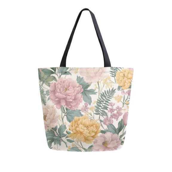 Open Top Canvas Tote Bag with Zipper Reusable Shopping Bag 13.5x15" Roomy Carryall Retro Plant Pattern
