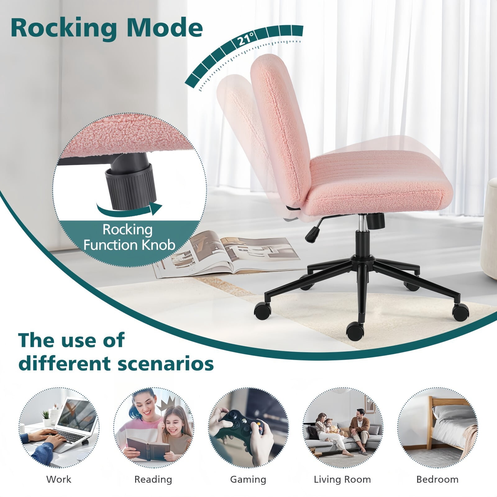 Kelno Armless Criss Cross Office Chair with Wheels 300lb Capacity Wide Seat Cross Legged Desk Chair Height Adjustable Swivel Vanity Chair, Pink Teddy