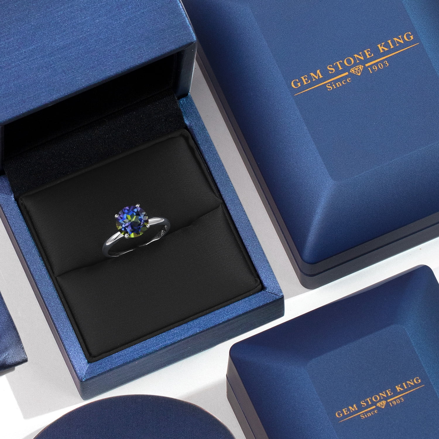 Gem Stone King 14K White Gold Blue Mystic Topaz Solitaire Engagement Ring for Women | 2.00 Cttw | Round 8MM | Gemstone November Birthstone | Size 6