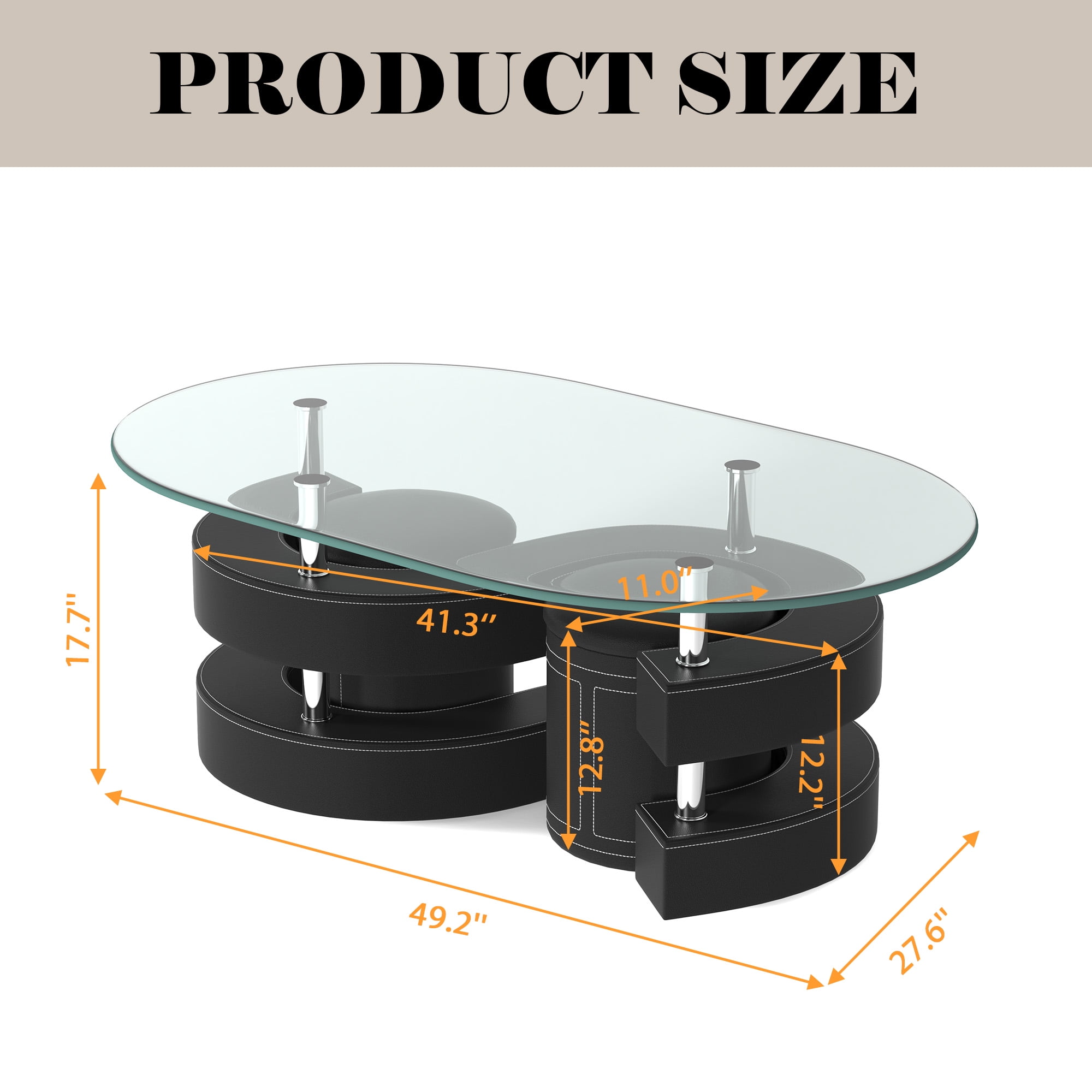 3 Pieces Coffee Table Set, 0.39" Tempered Glass Top and S Shape Base, Oval Modern Coffee Table with 2 Leather Stools, Accent Coffee Table for Living Room Bedroom