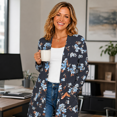 thumbnail image 6 of Women's Plus Size Charcoal Blue Floral Cardigan, Long Sleeve Open Front Tunic with Pockets, 6 of 8