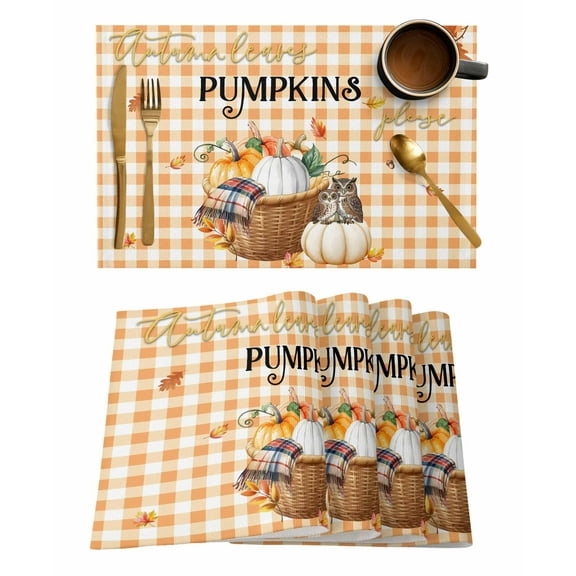 Owl Pumpkin Placemats Set of 2 Fall Maple Leaf Thanksgiving Scarf Orange Plaid Heat Insulation Washable Place Mats, Rustic Non-Slip Table Mats for Dining Table Party Kitchen Decor,13x19 Inch