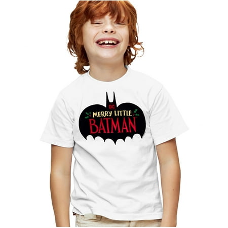 Merry Little Batman Logo Kids T Shirt for Youth Boys and Girls, White, Medium