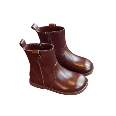 

Eloshman Girl Ankle Boots Side Zipper Booties Flat Leather Boot Hiking Warm Lined Fashion Short Bootie Casual Winter Shoes Brown 1Y