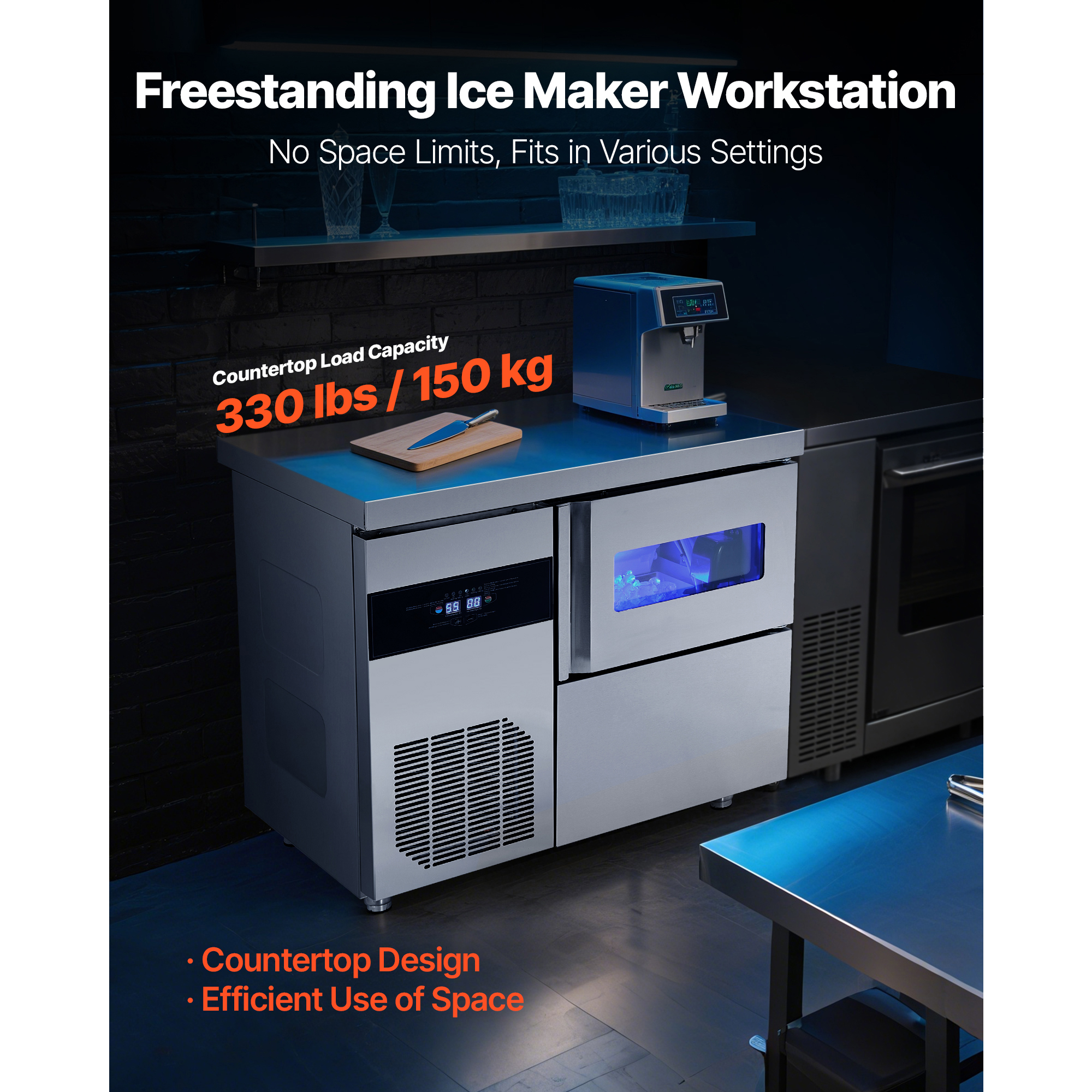 KFFKFF Commercial Ice Maker Machine, 132 lbs/24H Stainless Steel Ice Machine with Countertop, 30 lbs Storage & 70 Cubes Per Cycle, Self-Cleaning Freestanding Ice Maker for Home, Bar, Office