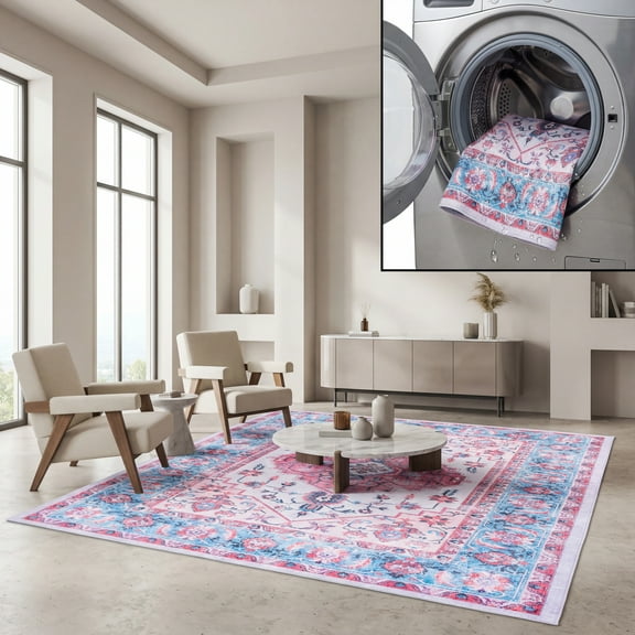 SAFAVIEH Arizona Calista Oriental Machine Washable Area Rug, Ivory/Light Blue, 8' x 10'