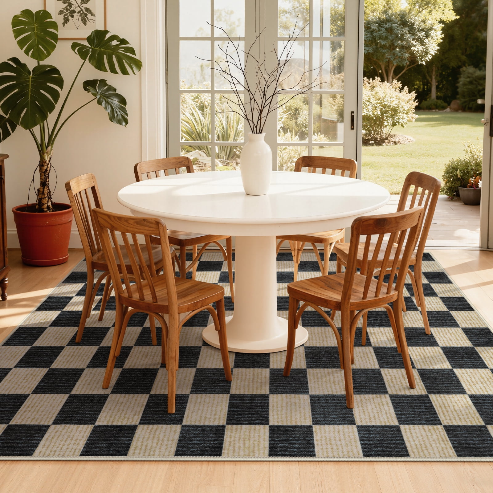 RUG ROBOT 6'x9' Area Rugs for Living Room, Washable Non-Slip Checkered Rugs for Bedroom, Dining Room, Soft Low-Pile Classic Farmhouse Geometric Indoor Large Accent Carpet, Black