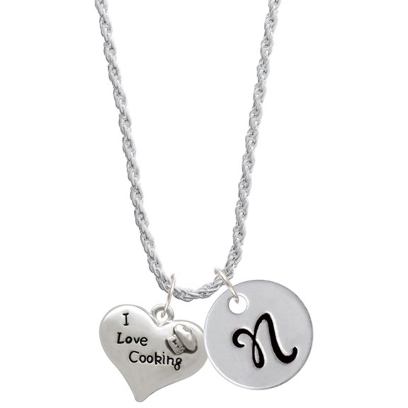 Delight Jewelry Silvertone I love Cooking Heart with Chef Hat Silvertone Script Initial Disc - N - Charm Necklace, 20"+3"