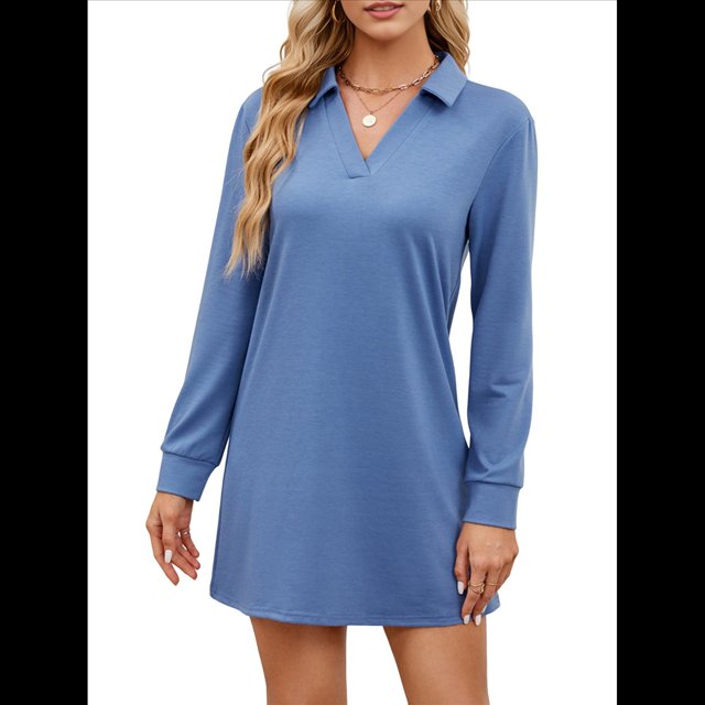 Vestido de Otoño 2025 para Mujer, Estilo Suéter Deportivo Informal, Holgado, de Larga y Cuello en V, de Color Liso. Azul Mar L