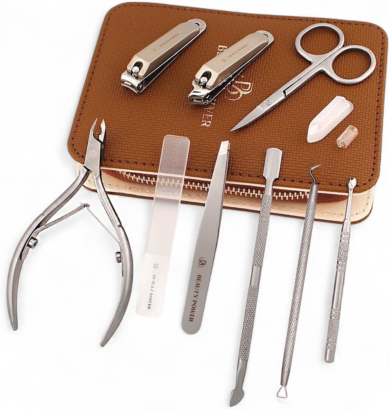 Manicure Pedicure Set 9 in 1 in Brown PU Leather Case - Gift Idea