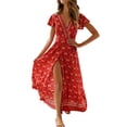 thumbnail image 2 of snowsong Robes Décontractées pour Femmes Robes d'Été Décontractées Col en V Imprimé Floral Taille Haute Ceinture Manches Courtes Ourlet Fendu Robe d'Automne Robe Femme Rouge Pastèque TTG, 2 of 5