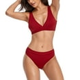 thumbnail image 3 of Women's Deep V Neck Ribbed Textured High Waist Two Piece Bikini Set Bathing Suits Push Up Padded Swimwear Wine XL, 3 of 6