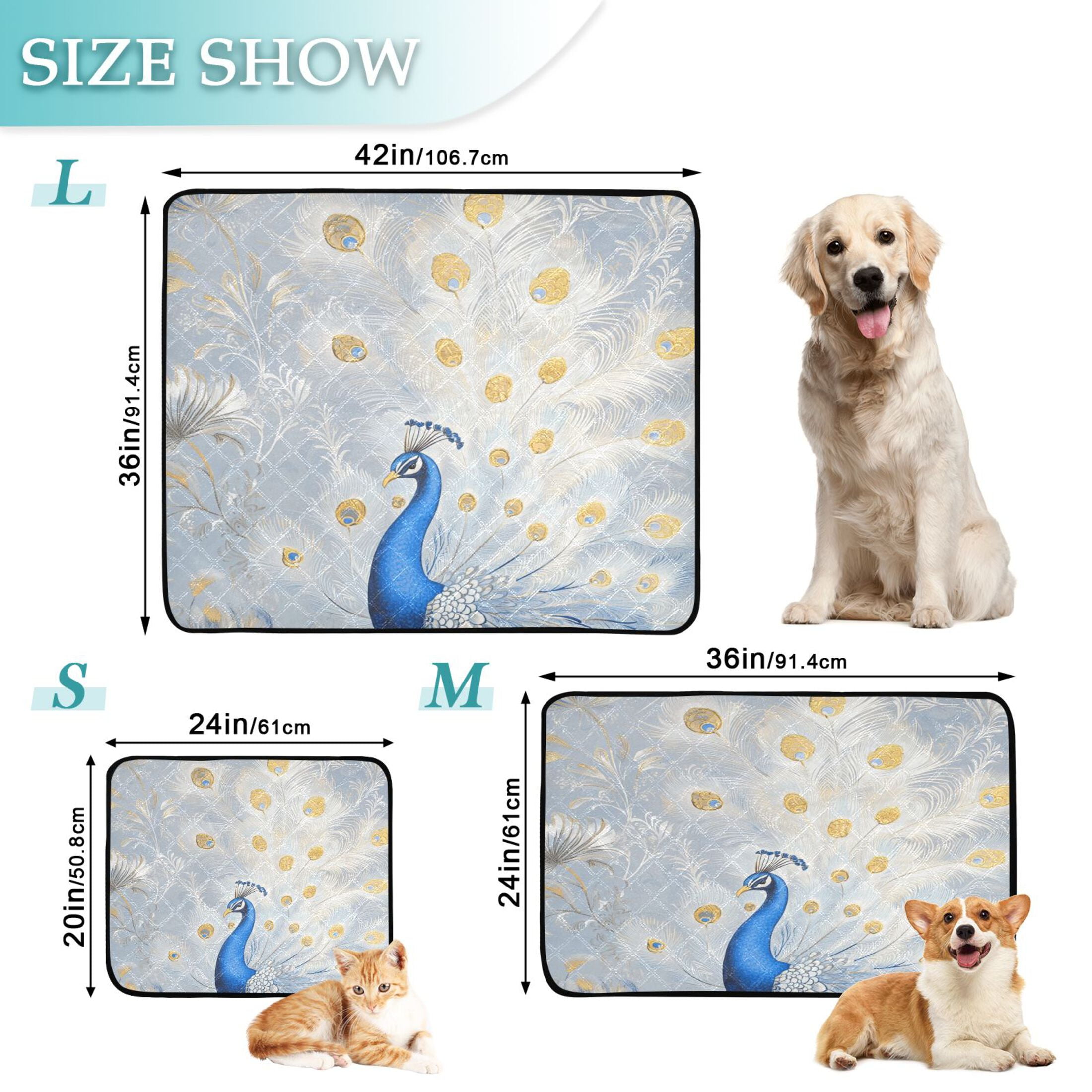 Qxltty Blue Peacock Cat litter Pads Pet Set of 2 Diaper Mats Center Anti-leakage Layer Absorbent Soft and Comfortable