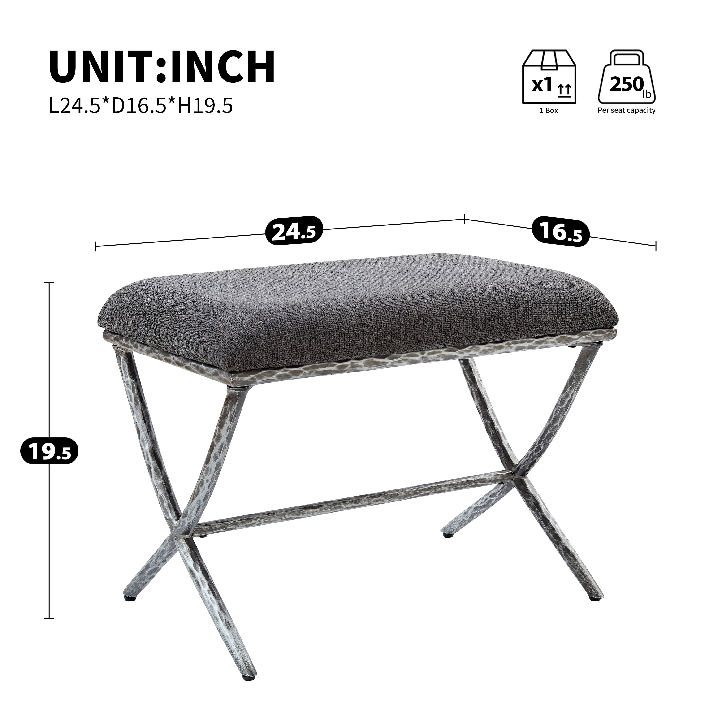 GARITIN Rectangular Ottoman 24.5 Inch, Upholstered Footrest with X Base and Hammered Metal Legs for Living Room Bedroom, Gray