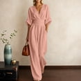 thumbnail image 2 of HAIJIE Women’s Wrap V-Neck Jumpsuit, Cuffed 3/4 Sleeves, Waist Cinched, Wide Leg, Assorted Solid Colors (Red,S), 2 of 6