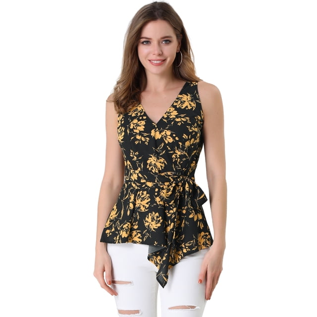 Top peplum envolvente con dobladillo asimétrico en la cintura con cuello en V sin mangas para mujerNegro Amarillo S
