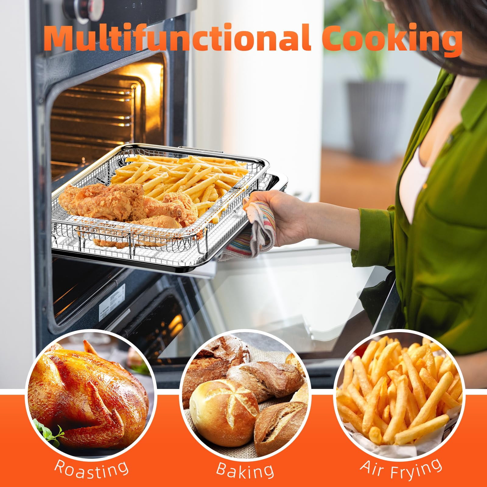 Air Fryer Basket for Oven,Oven Air Fryer Basket and Tray with 30 PCS Parchment Papers,2 Set Stainless Steel Air Fryer Pan and Crisper Tray for Baking Grilling Silver