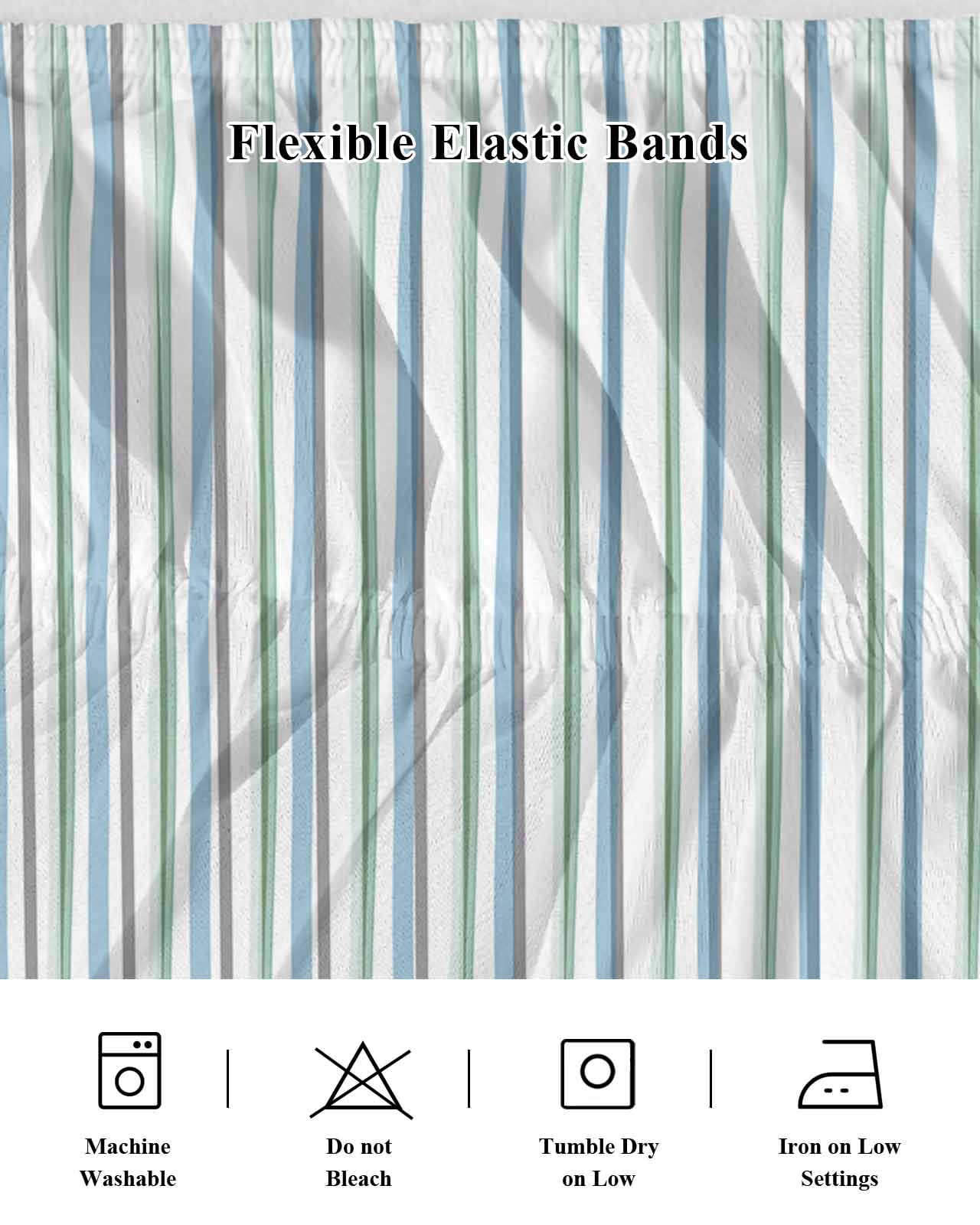 Minimalist Lines Bed Skirt King Size 16" Drop Hand Painted Blue Green Stripes Ruffled Wrap Around Bed Skirts Adjustable Elastic Bedskirt Dust Ruffle for King Size Bed
