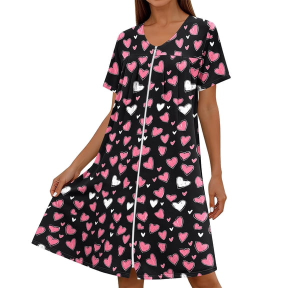 Womens Comfy Pajamas New Women’s Zip Print Nightgown with Pockets Round Neck Pleated Sleep Dress Summer Loose Comfy Home Nightshirt