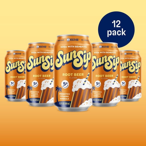 SunSip Root Beer Prebiotic Soda, 11.5 oz, 12 Pack Cans