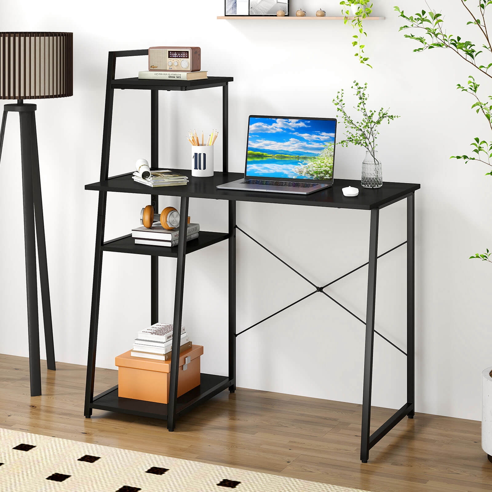 Costway Home Office Desk, PC Laptop Workstation with Bookshelf, Host Stand, Metal Frame Black