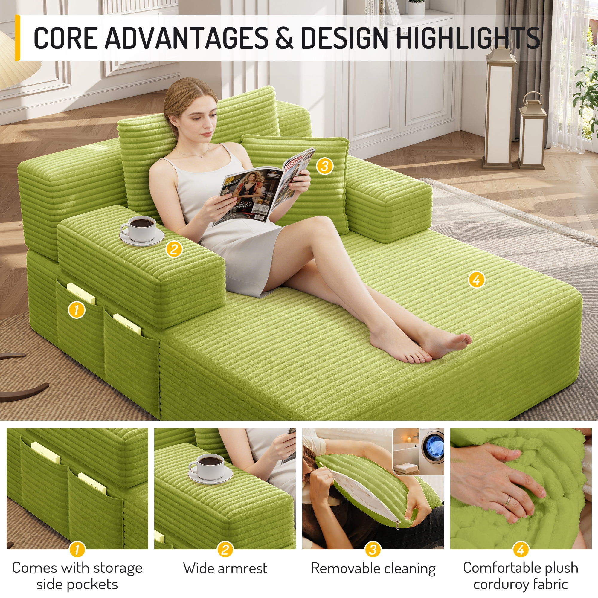Aukfa Oversized Corduroy Chaise Lounge Chair, Convertible Boneless Sleeper Sofa Bed with 3 Pillows&Storage Pockets, Apple Green