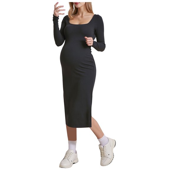 HSMQHJWE Long Sleeve Maternity Sweater Dress Knit Ribbed Maternity Bodycon Dress Pregnancy Dress Side Ruched Crew Neck Mama Clothes