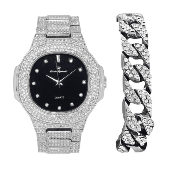 Charles Raymond Bling-ed Out Oblong Metal Mens Color on Blast Watch - 8475Color (ST10235DX SLV BLK - C)