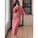 thumbnail image 3 of Vestido largo de dos piezas con falda de piel para mujer, chaqueta de lana con una hilera de botones, abrigo, vestido tubo para mujer, vestido de trabajo Formal elegante de 2 piezas, 3 of 5