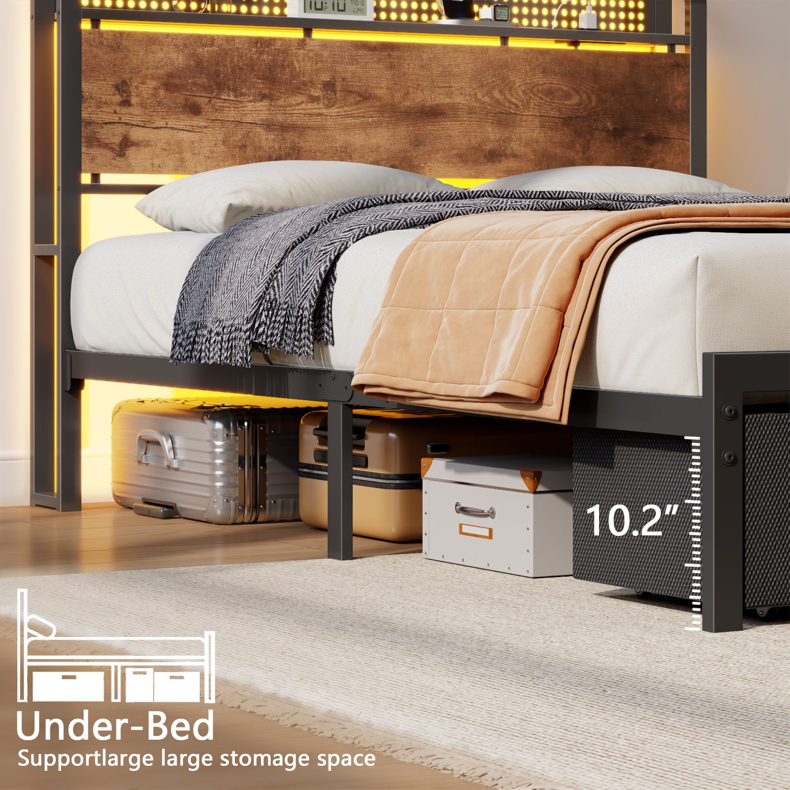 Tydimor Twin Bed Frame with 2 Drawers & Storage Headboard, Platform Metal Bed with Charging Station, No Box Spring Needed