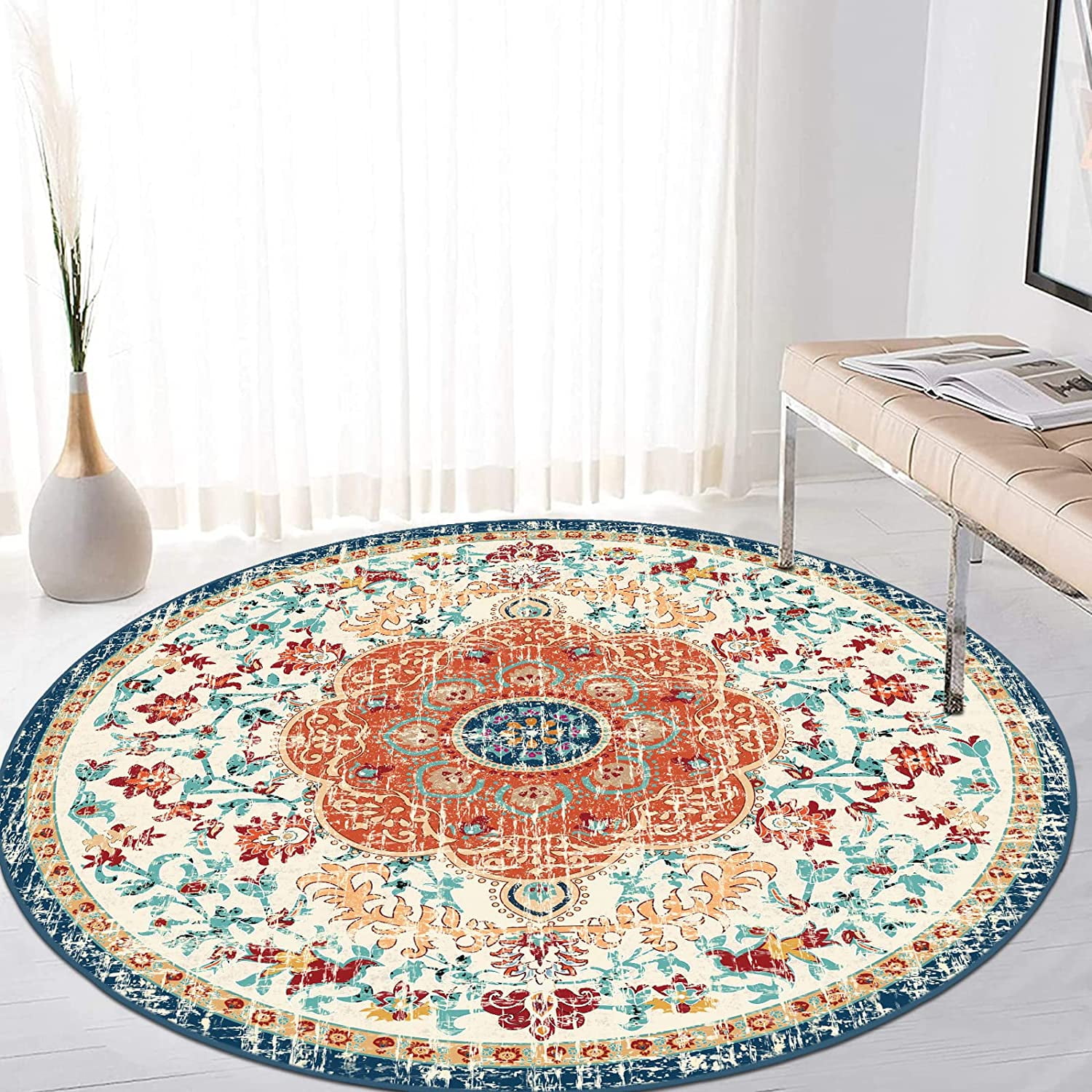 Findosom 4'x4'Round Area Rug,Non Slip Washable Round Rug Boho Area Rug for Living Room,Bedroom,Home Decor,Office,Dining Room,Red